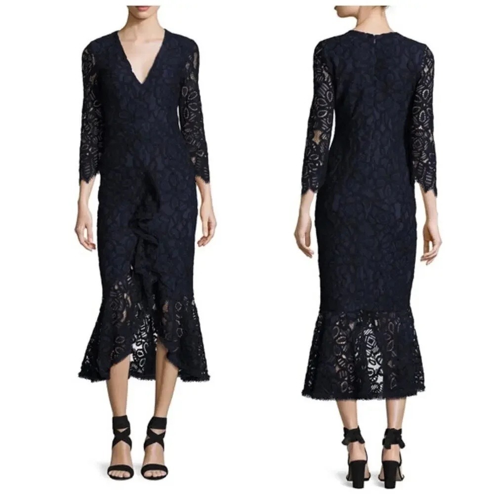 Alexis Nadege Navy Blue Lace Midi Dress Size S V-Neck Long Sleeve Ruffle Front